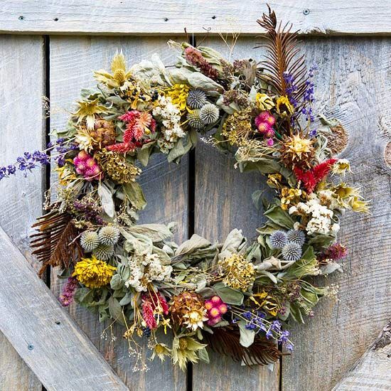 A gorgeous Springtime Floral Wreath made from dried flowers and leaves.