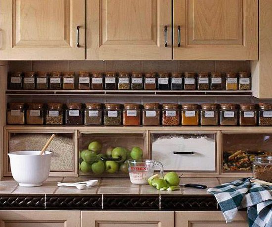 Add shelves below the cabinets. So useful..love the flour bins!