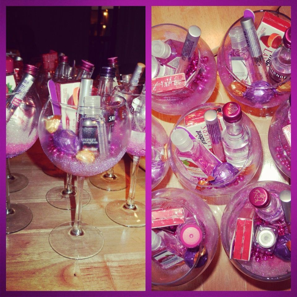 Bachlorette Favors! Glitter wine glasses filled with everything you'll need