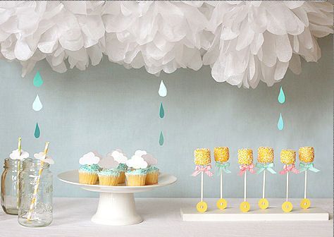 Blue and yellow April Showers Baby Shower theme ideas with umbrella and rattle d