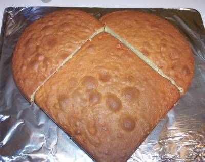 Easy way to make a heart shaped cake: one 8" round, one 8" square, cut