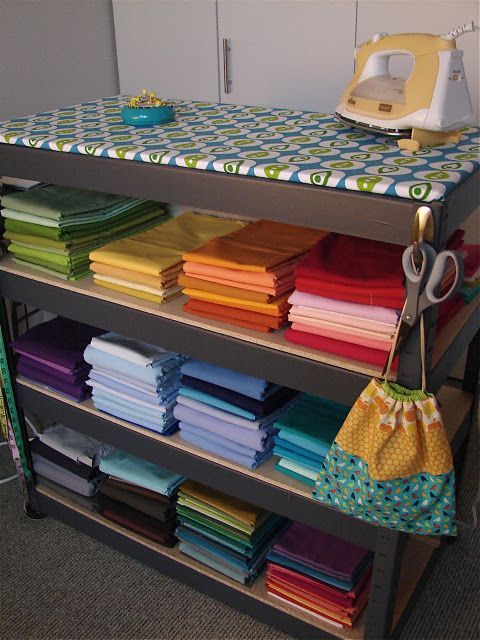 Ironing board on top of shelves