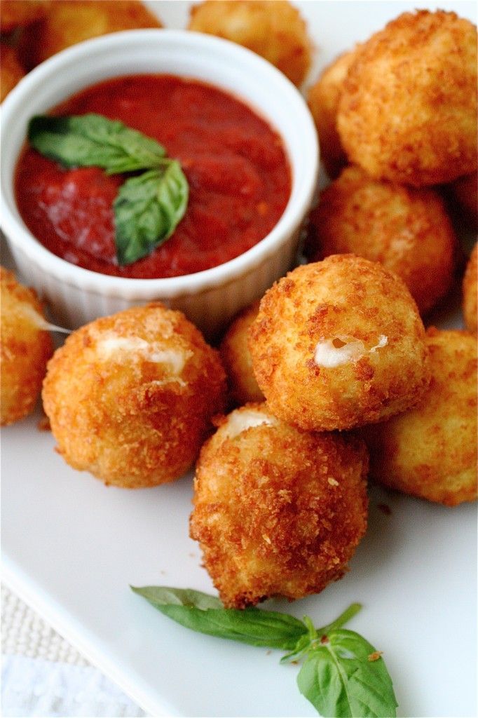 Mozzarella balls and tomato-basil sauce: another excuse to use the deep fryer