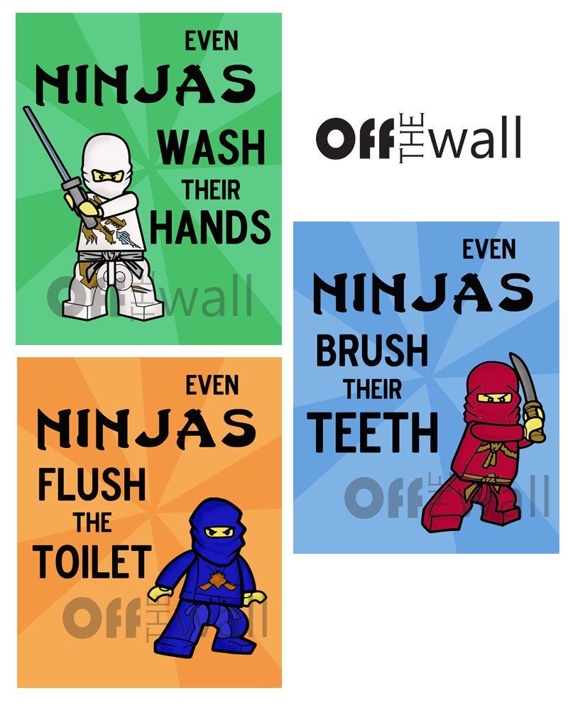 Ninjas Ninjago Bathroom Art Prints – Set of 3 8×10 – "Even Ninjas Wash Thei