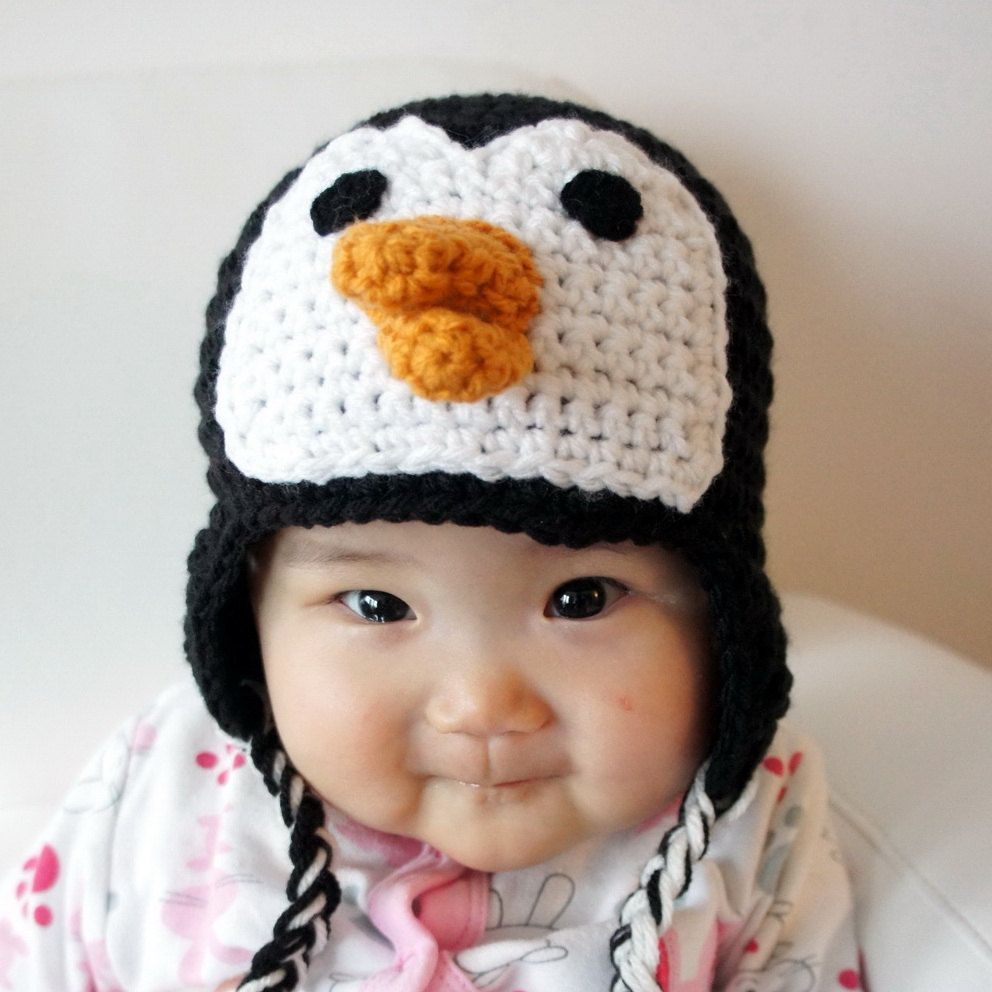Penguin Hat, Crochet Baby Hat, Baby Hat, Animal Hat, Black, White, photo prop. $