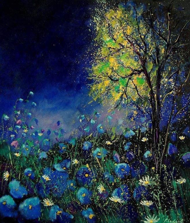 Pol Ledent; Oil, 2011, Painting "blue poppies and daisies"