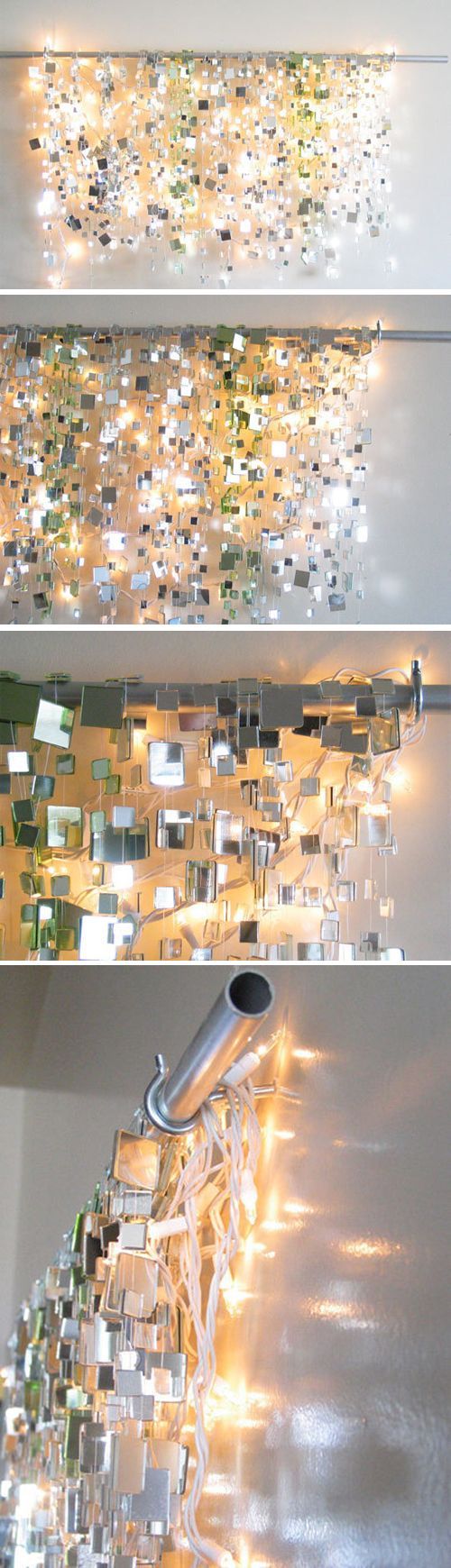 Small mirror tiles glued to fishing line with  lights behind.