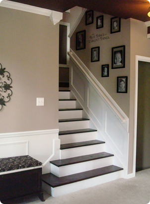 Staircase-remove carpeting, paint stairs, add molding along railing.