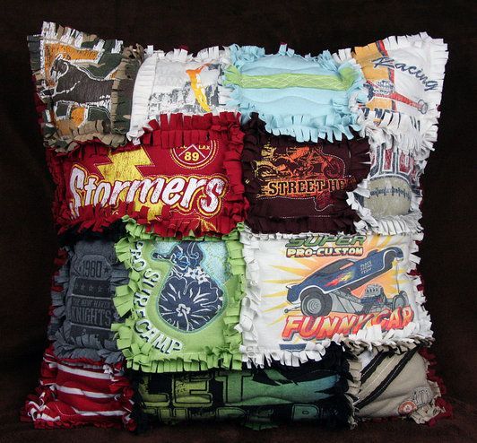 T-shirt rag pillow. Memories and comfort all 'tied' up together… Cute!