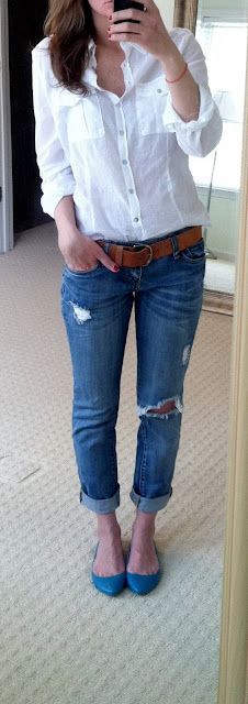 boyfriend jeans rolled up, white shirt, brown leather belt…comfy, casual, and