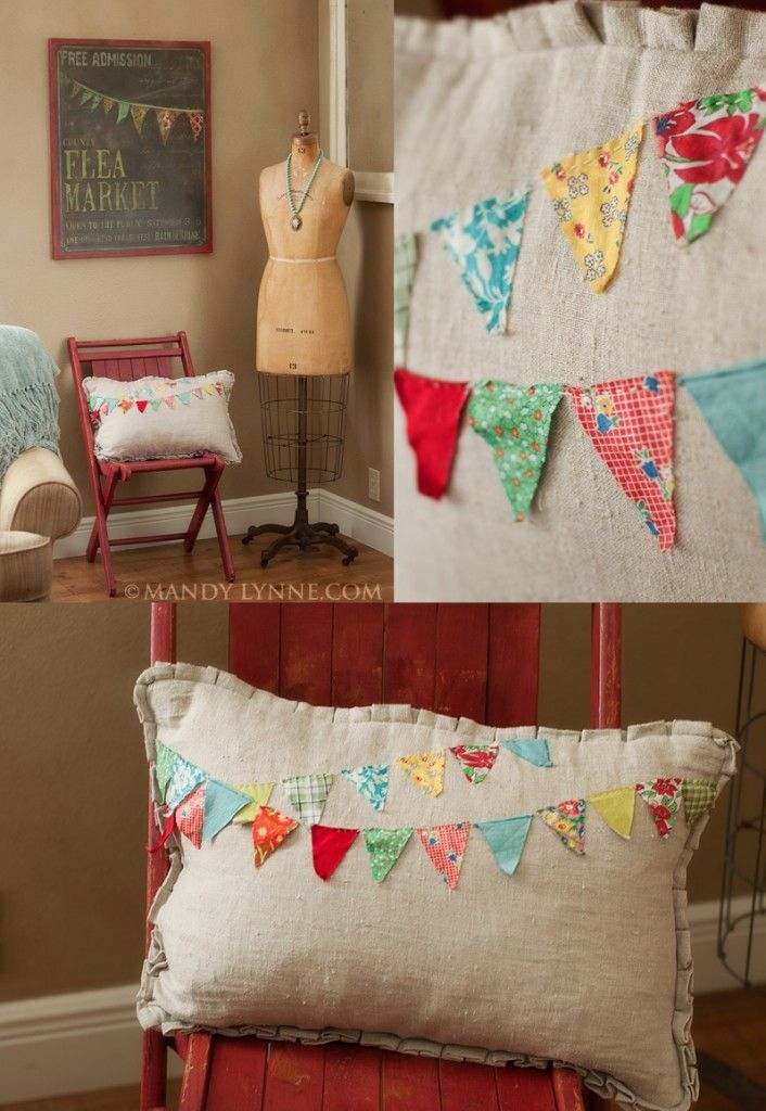 diy pennant banner pillow made from vintage fabric.  I want to make out of Burla