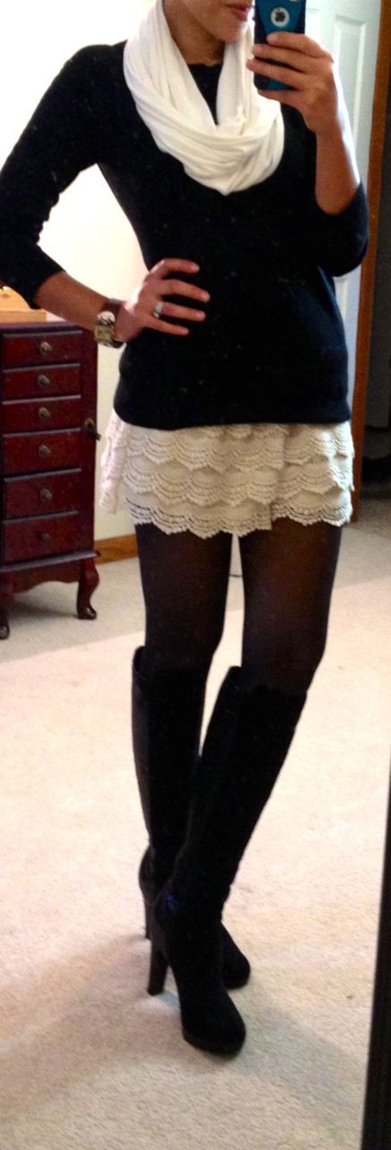 lace shorts with tights and boots