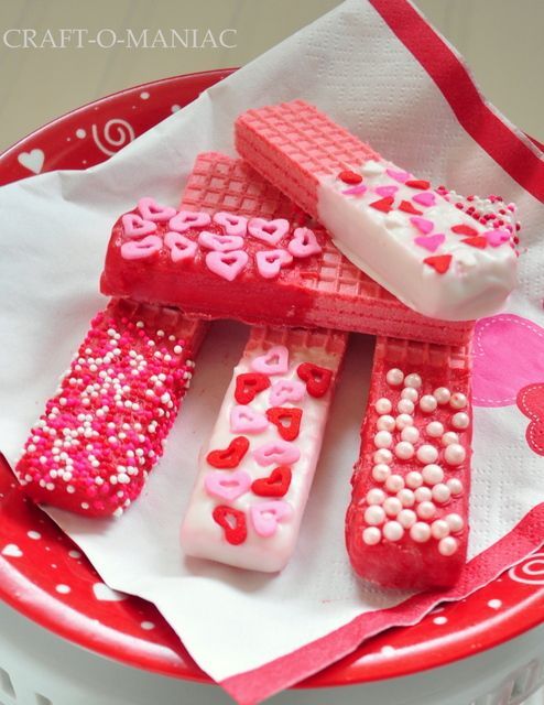 valentine cookies – strawberry sugar wafers dipped in white chocolate or colored