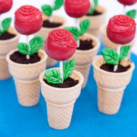 Add a rose cake pop to an ice cream cone for an adorable, edible flower pot.