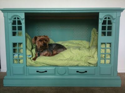 An old t.v. Console turned into a pet bed, Love this idea!