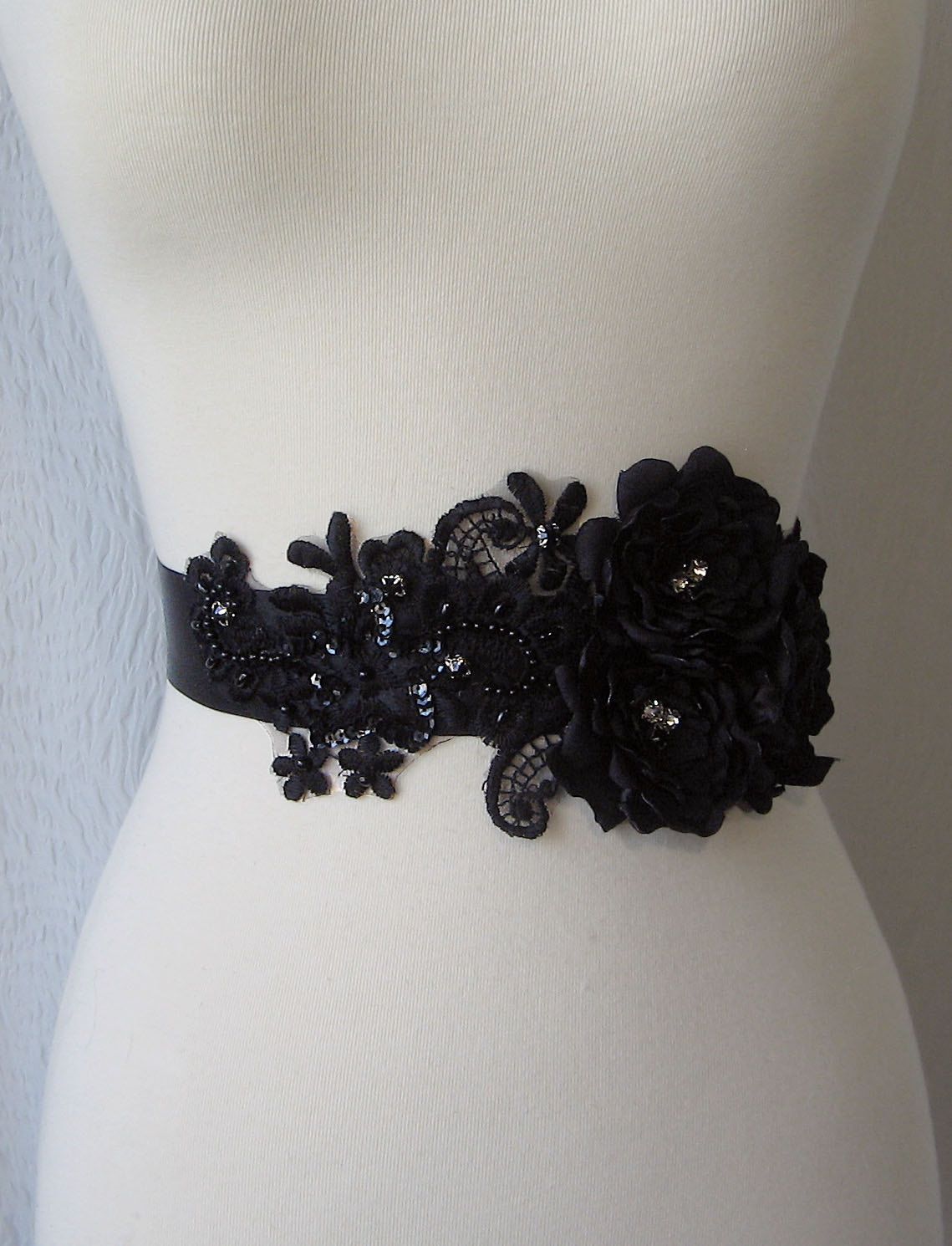Black Bridal Sash, Wedding Belt with Handmade Flowers, Rhinestones and Beaded La