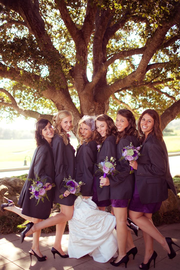 Bridesmaids in the groomsmen's jackets, this is so cute :)