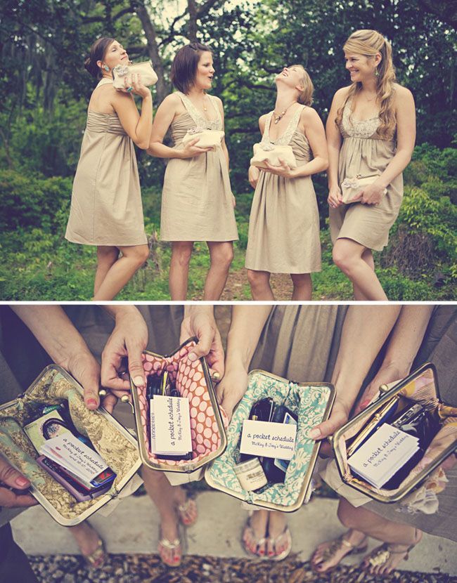 Clutches with essentials/schedules/ thank you note for the day – adorable brides