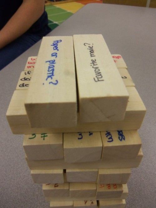 Conversation Jenga. Should do this with reading comprehension questions.