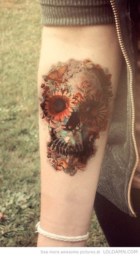 Cool Skull Flowers Tattoo