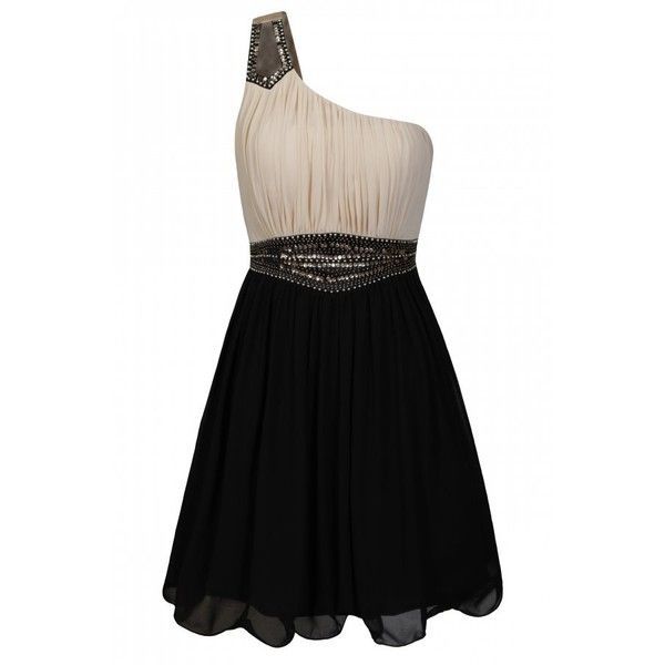 Cream And Black One Shoulder Embellished Party Dress ($68) ❤ liked on Pol