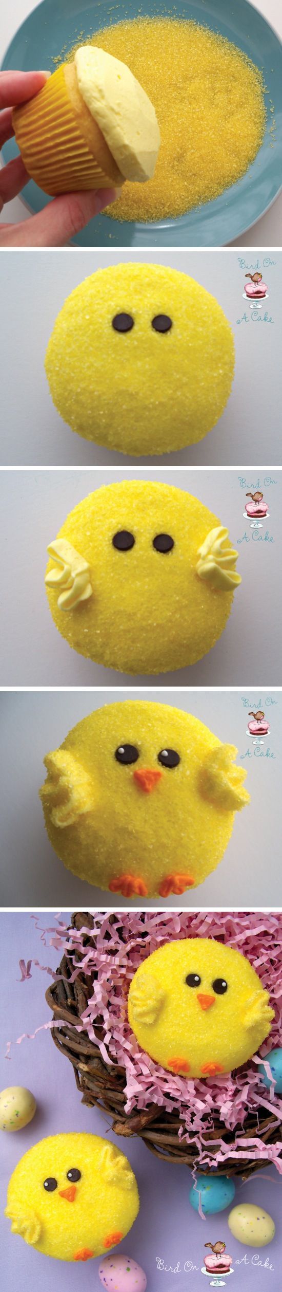 Easter Chick Cupcakes–Supplies list and instructions included.