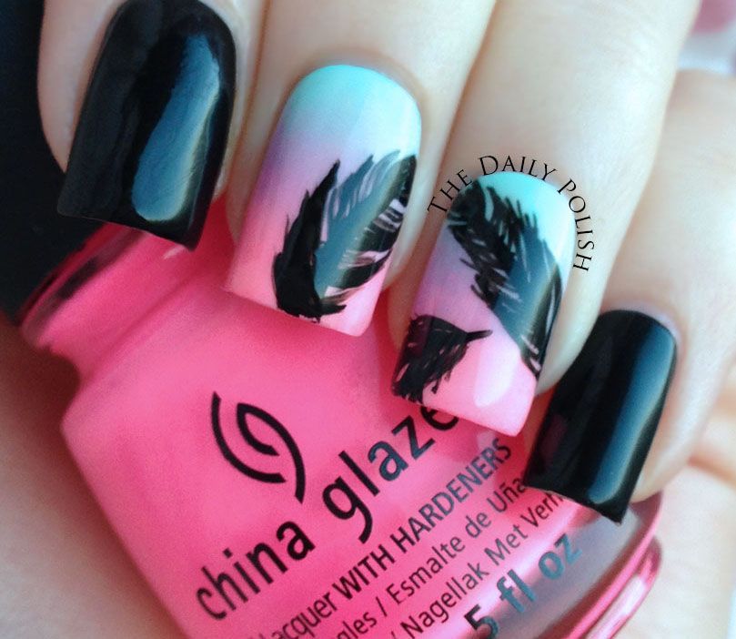 Feather pink/min/black China Glaze nails