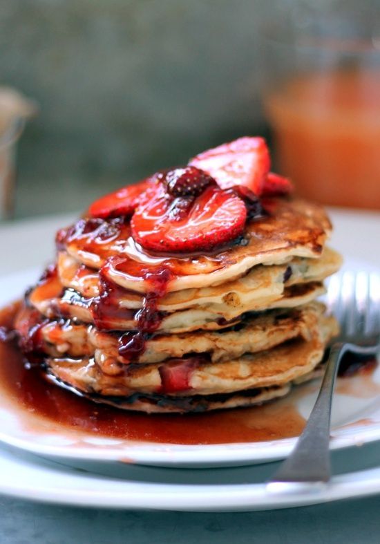 Fluffy Blueberry Pancakes with Strawberry Maple Syrup and Greek yogurt!