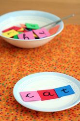 Fun idea for reading center.  Have the kids mix letters in a mixing bowl and the