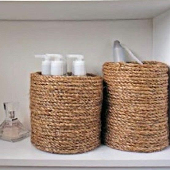 Glue rope to your used coffee cans! Cheap, chic organizing…love it!