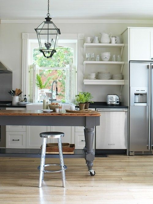 I love the contrasting grey island with the wood top…would be a nice idea to g