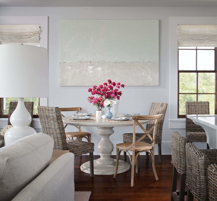 LOVE.  Summer House ID    Beachy dining room design with pale blue walls paint c