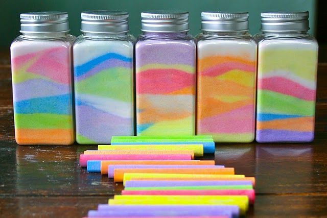 Make colored sand art by stirring a chalk stick in a bowl of salt…it changes t