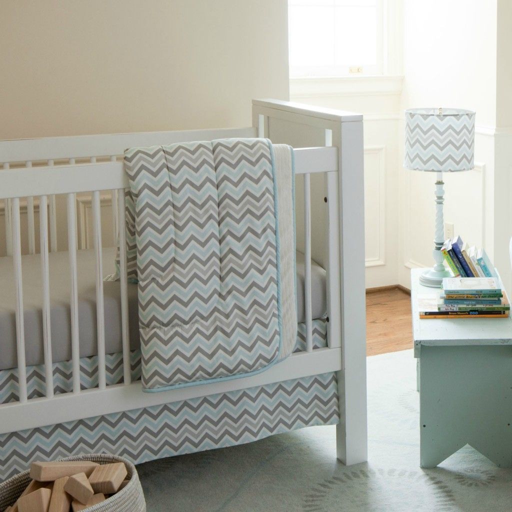 Mist and gray chevron crib bedding by Carousel Designs. #chevron #bedding