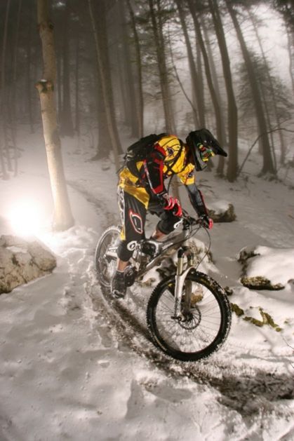 Mountain bike on snow.
