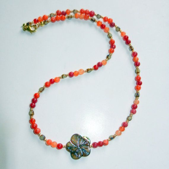 Orange Quartz and Brown Hibiscus Beaded Necklace