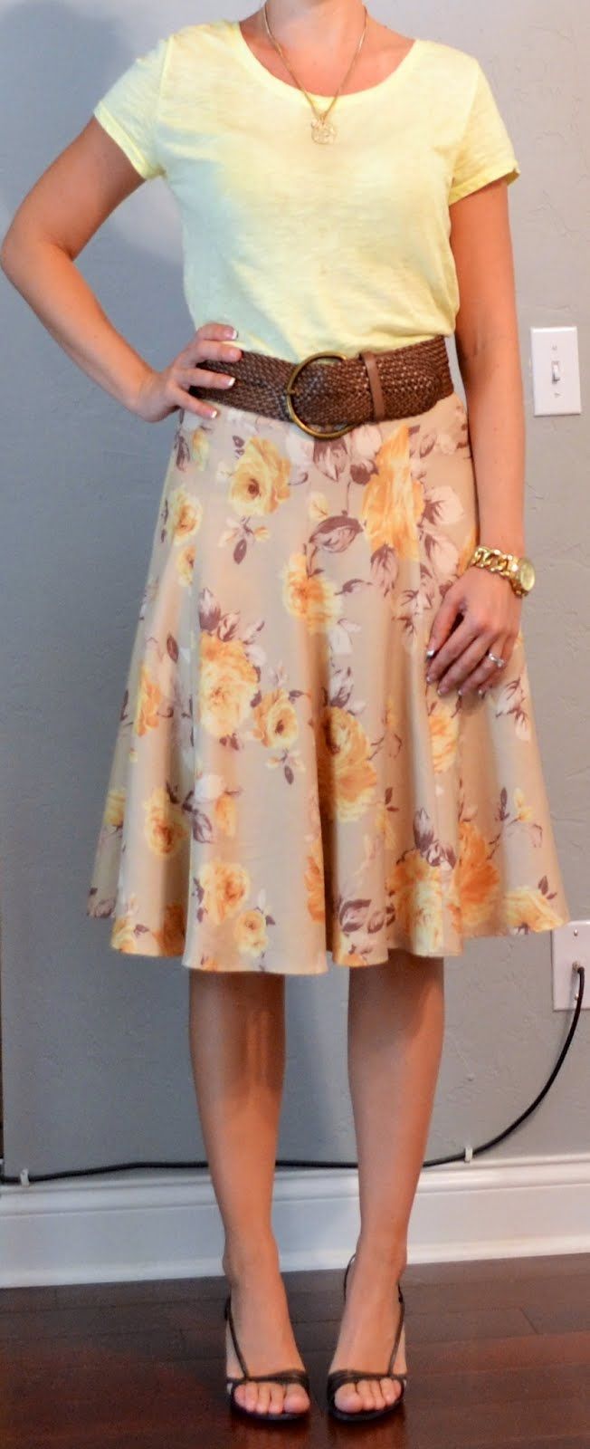 Outfit Posts: outfit posts: yellow t-shirt, floral skirt, wide brown belt
