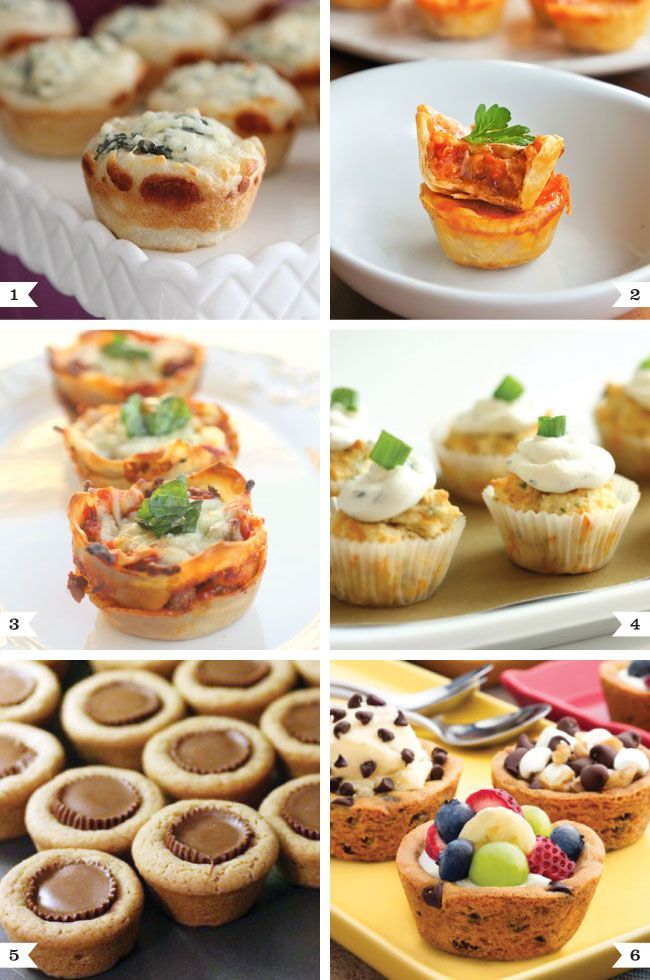 Party food you can make in mini muffin tins. CUTE!