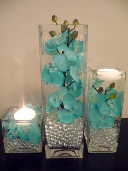 Pretty center piece idea :) this is my color!    Hand painted teal orchids used