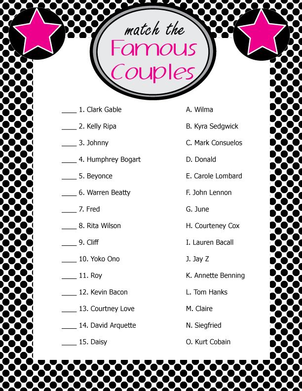 Printable Bridal Shower Game "Match the Famous Couples" – Sent directl