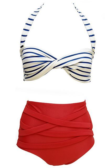 Retro styled bathing suit – blue & white striped top with high waisted red b