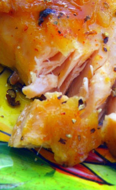 Salmon – Garlic Chipotle Spiced, Mango Glazed Salmon    Oh my, sweet from the Ma