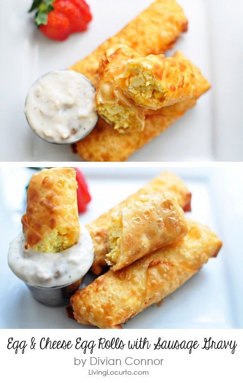 Scrambled Eggs & Cheese Egg Rolls with Sausage Gravy #breakfast #recipe by D