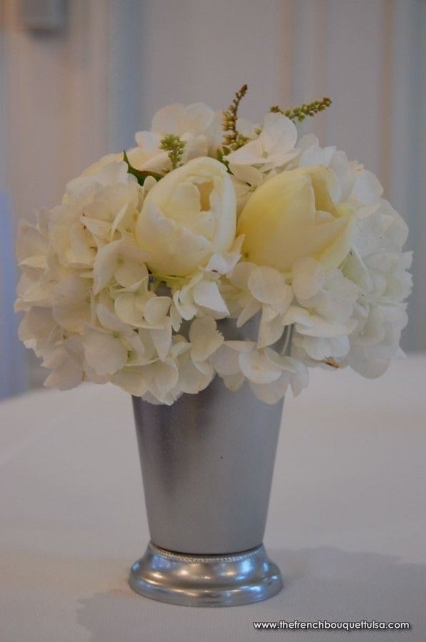 Small Bistro Arrangements of Silver Vases with White Hydrangea and White Tulips