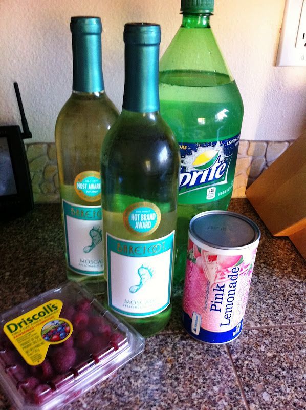 Summer Punch – 2 bottles Moscato, 1 can of pink lemonade concentrate, 3 cups of