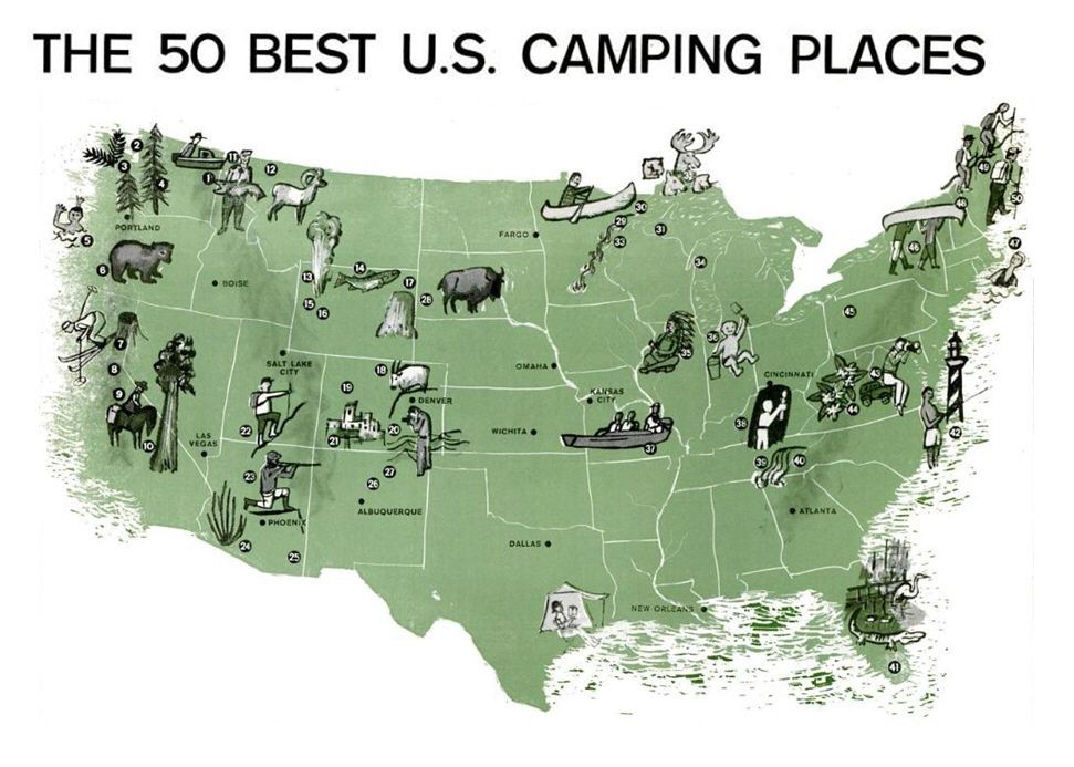 The 50 best camping places in the continental USA.