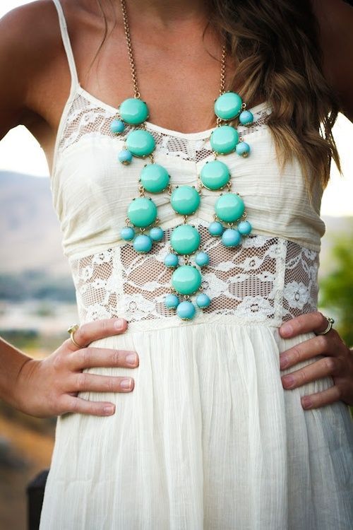 Turquoise necklace + lace dress