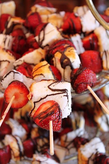 angel food cake, strawberries, chocolate skewers