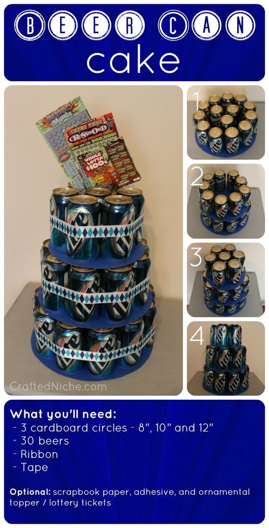 beer can "cake" what a great idea for guy birthdays just use their fav