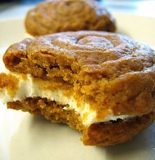 fall…pumpkin cookies with cream cheese filling.looks like a pumpkin roll but y